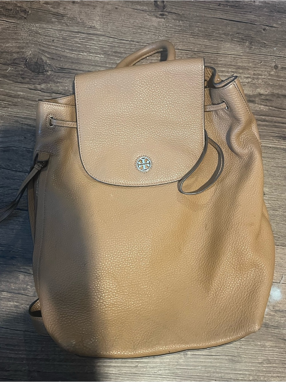 Tory Burch Camel Pebbled Leather Drawstring Backpack